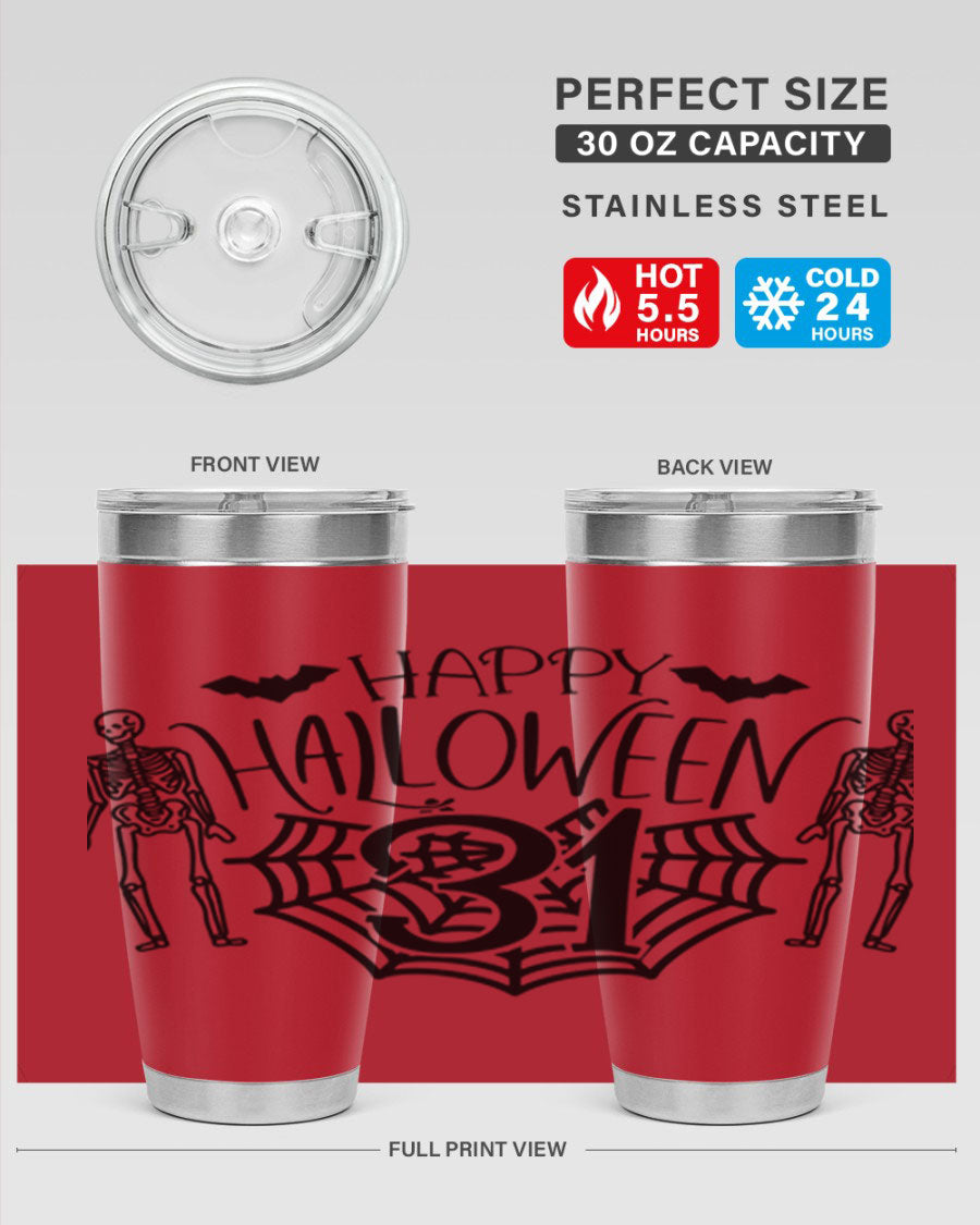 Happy Halloween 65# Tumbler in 20oz and 30oz sizes, featuring a festive design, double wall vacuum stainless steel construction, and a drink-thru lid.
