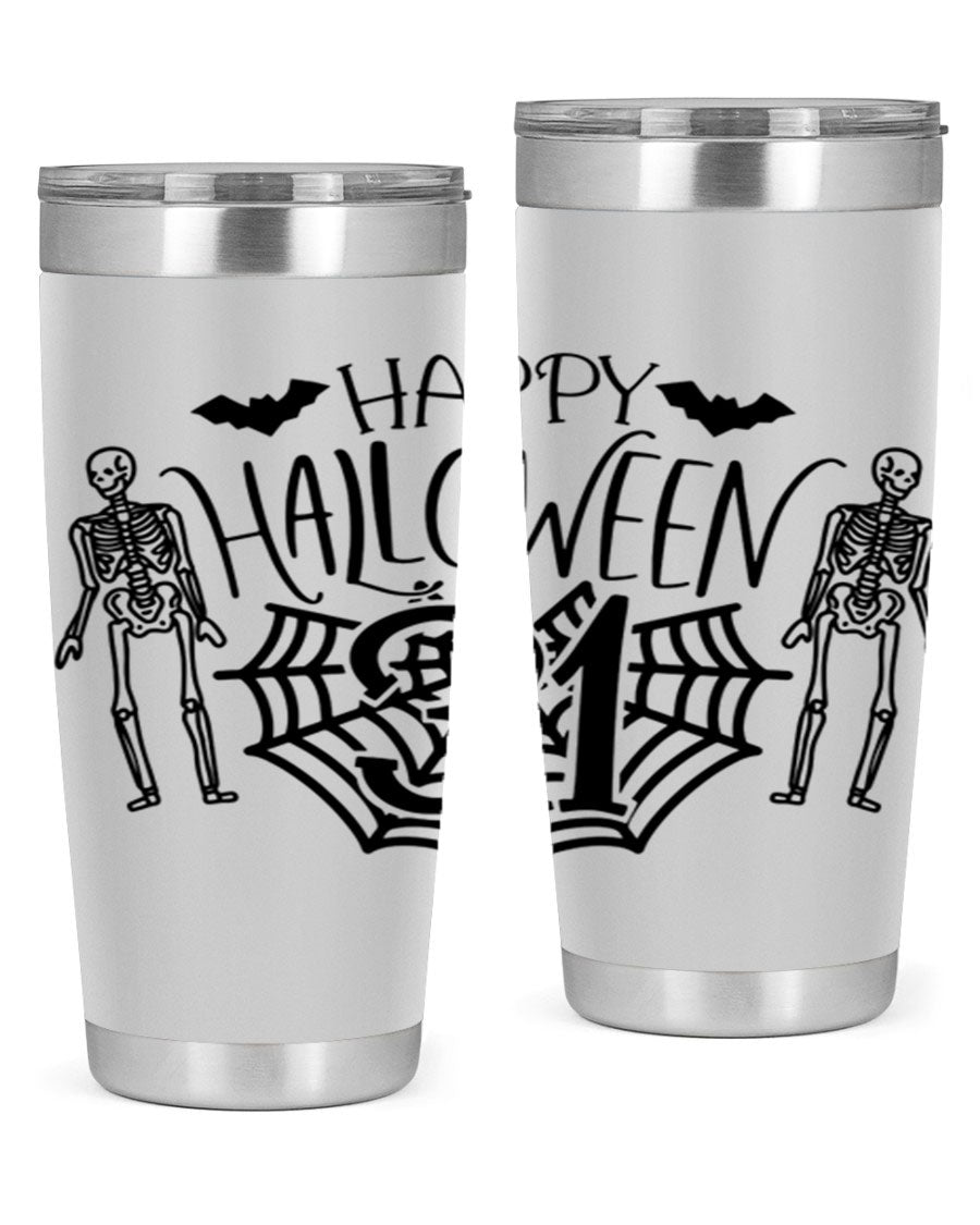 Happy Halloween 65# Tumbler in 20oz and 30oz sizes, featuring a festive design, double wall vacuum stainless steel construction, and a drink-thru lid.