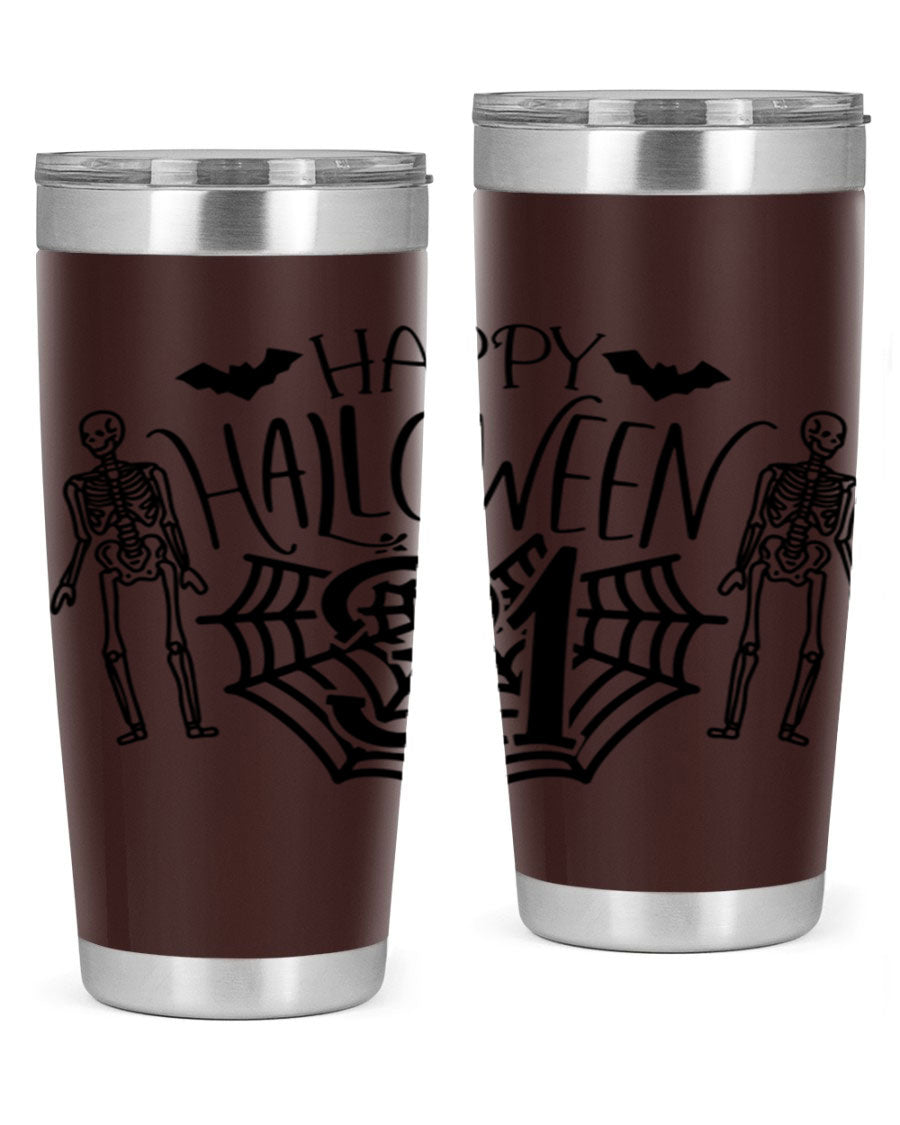 Happy Halloween 65# Tumbler in 20oz and 30oz sizes, featuring a festive design, double wall vacuum stainless steel construction, and a drink-thru lid.
