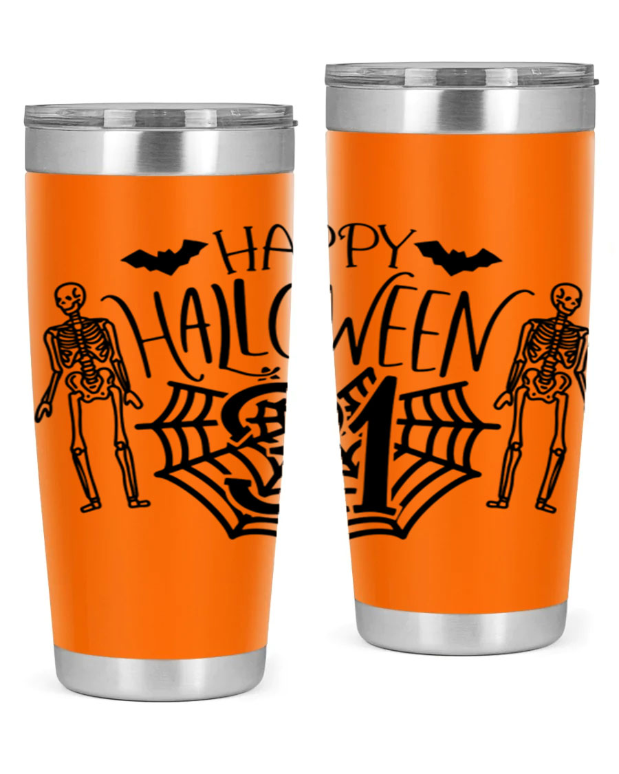 Happy Halloween 65# Tumbler in 20oz and 30oz sizes, featuring a festive design, double wall vacuum stainless steel construction, and a drink-thru lid.