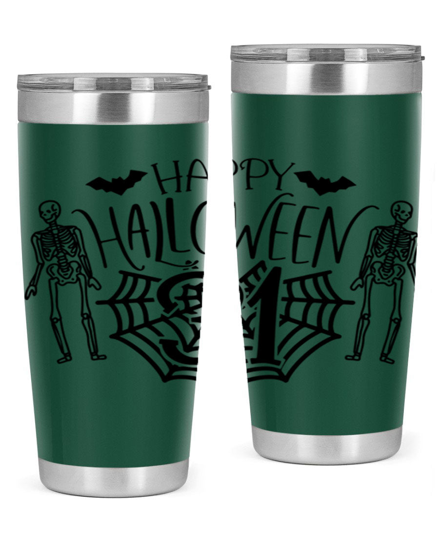 Happy Halloween 65# Tumbler in 20oz and 30oz sizes, featuring a festive design, double wall vacuum stainless steel construction, and a drink-thru lid.