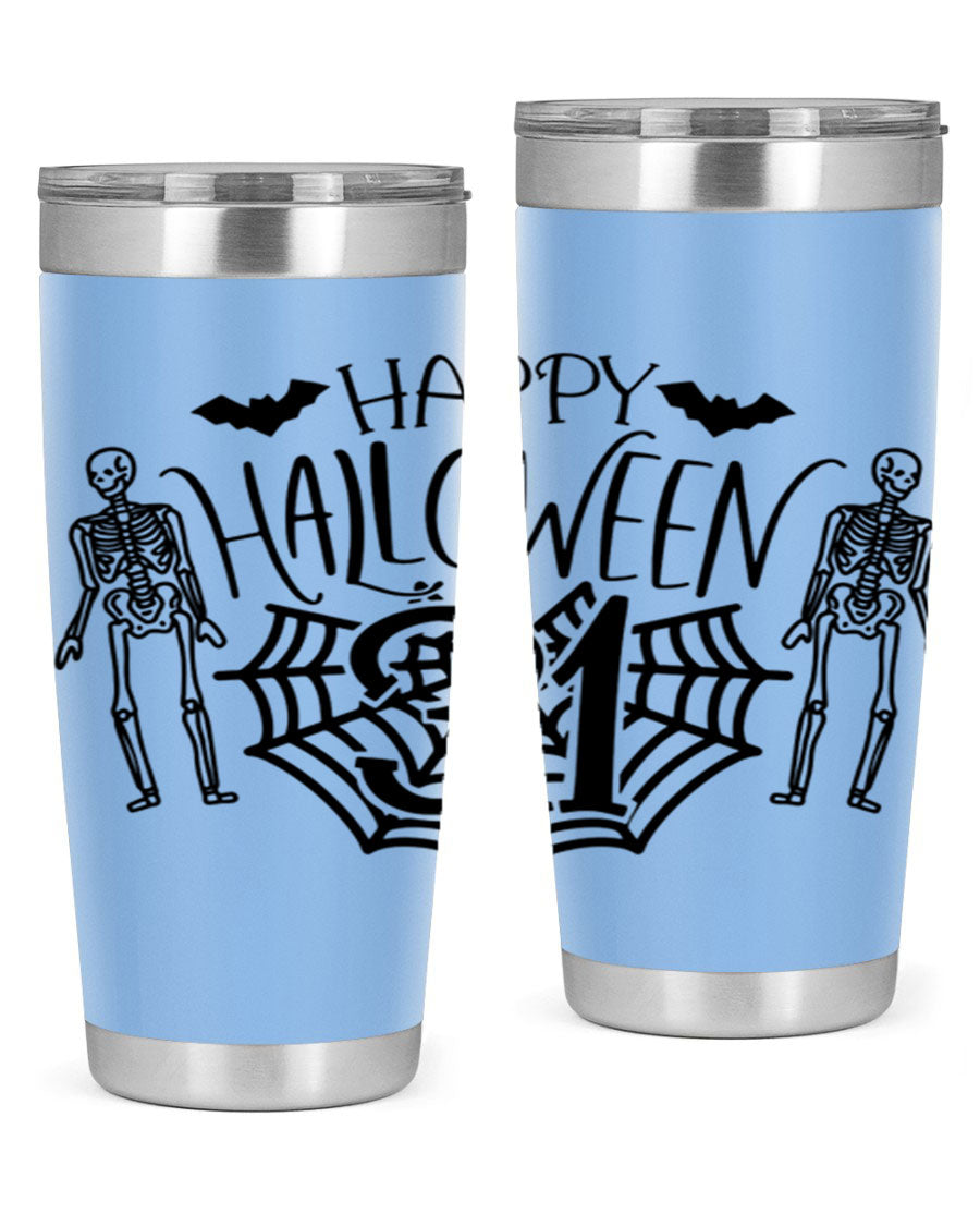 Happy Halloween 65# Tumbler in 20oz and 30oz sizes, featuring a festive design, double wall vacuum stainless steel construction, and a drink-thru lid.