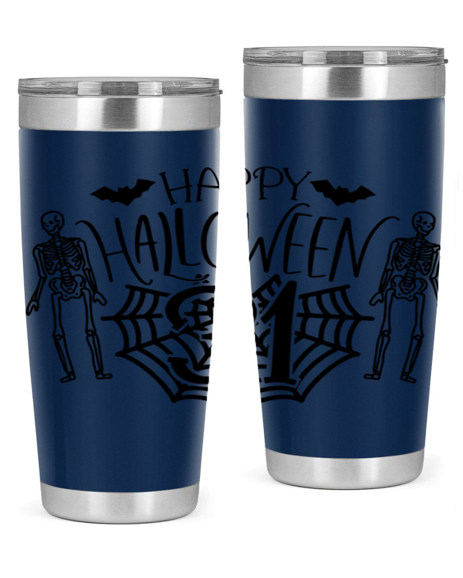 Happy Halloween 65# Tumbler in 20oz and 30oz sizes, featuring a festive design, double wall vacuum stainless steel construction, and a drink-thru lid.