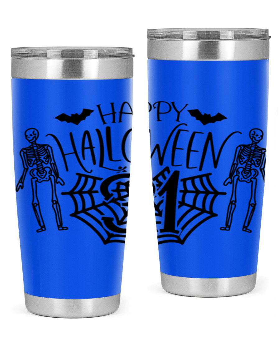 Happy Halloween 65# Tumbler in 20oz and 30oz sizes, featuring a festive design, double wall vacuum stainless steel construction, and a drink-thru lid.