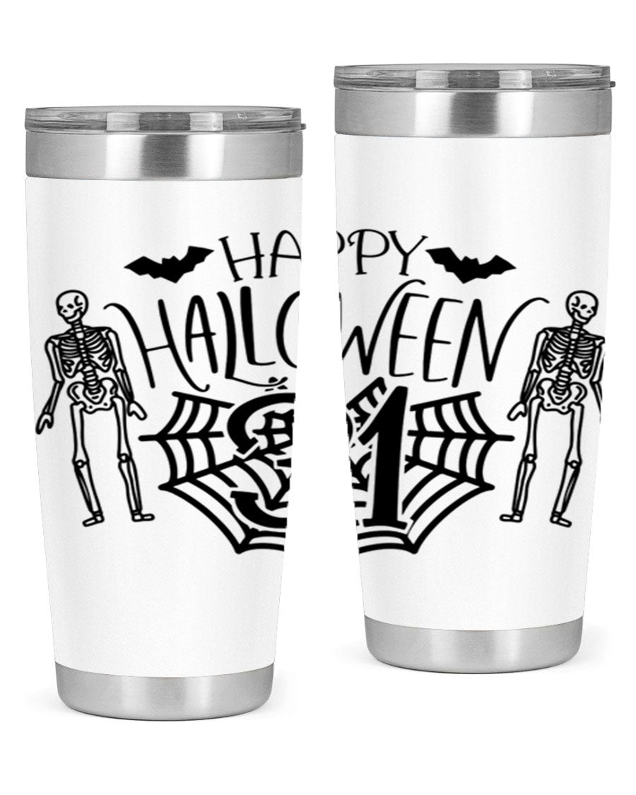 Happy Halloween 65# Tumbler in 20oz and 30oz sizes, featuring a festive design, double wall vacuum stainless steel construction, and a drink-thru lid.