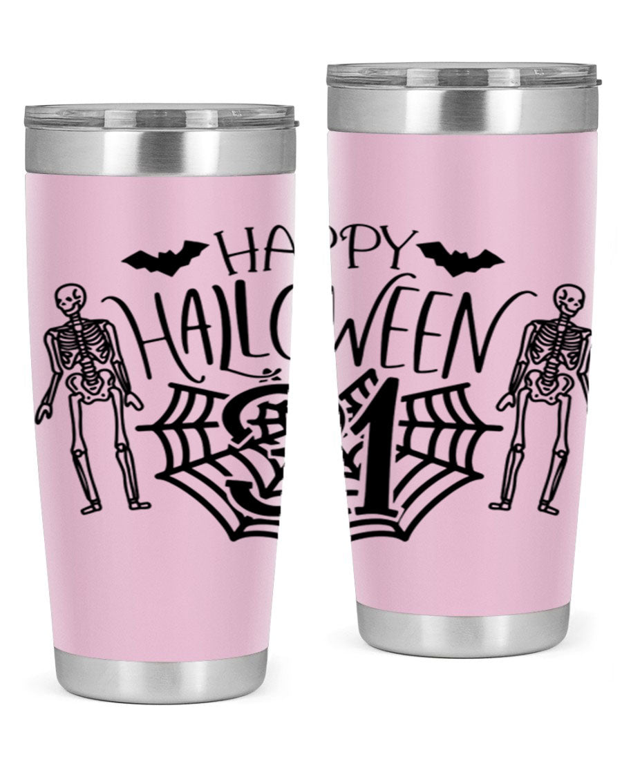 Happy Halloween 65# Tumbler in 20oz and 30oz sizes, featuring a festive design, double wall vacuum stainless steel construction, and a drink-thru lid.