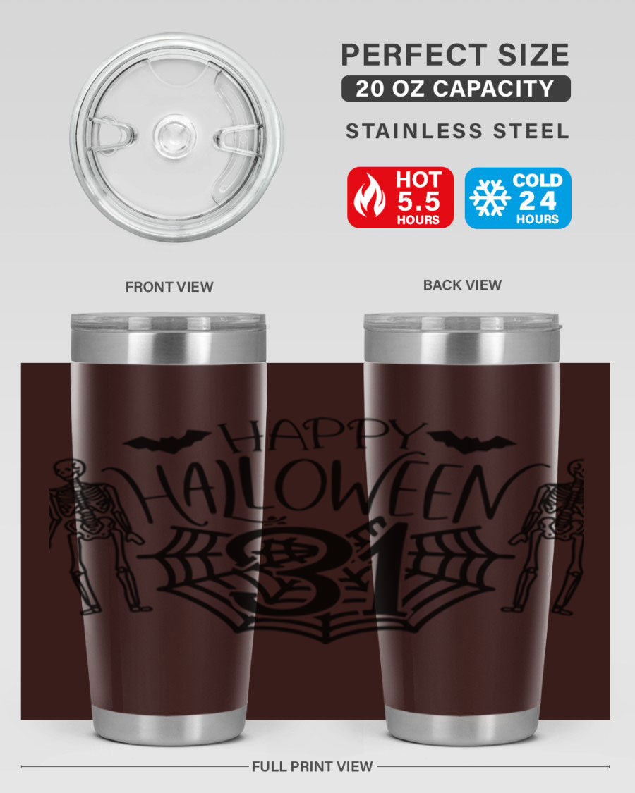 Happy Halloween 65# Tumbler in 20oz and 30oz sizes, featuring a festive design, double wall vacuum stainless steel construction, and a drink-thru lid.