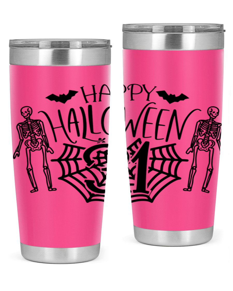 Happy Halloween 65# Tumbler in 20oz and 30oz sizes, featuring a festive design, double wall vacuum stainless steel construction, and a drink-thru lid.
