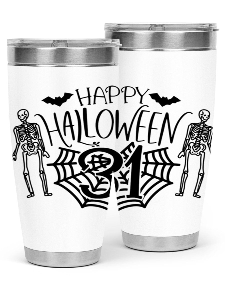 Happy Halloween 65# Tumbler in 20oz and 30oz sizes, featuring a festive design, double wall vacuum stainless steel construction, and a drink-thru lid.
