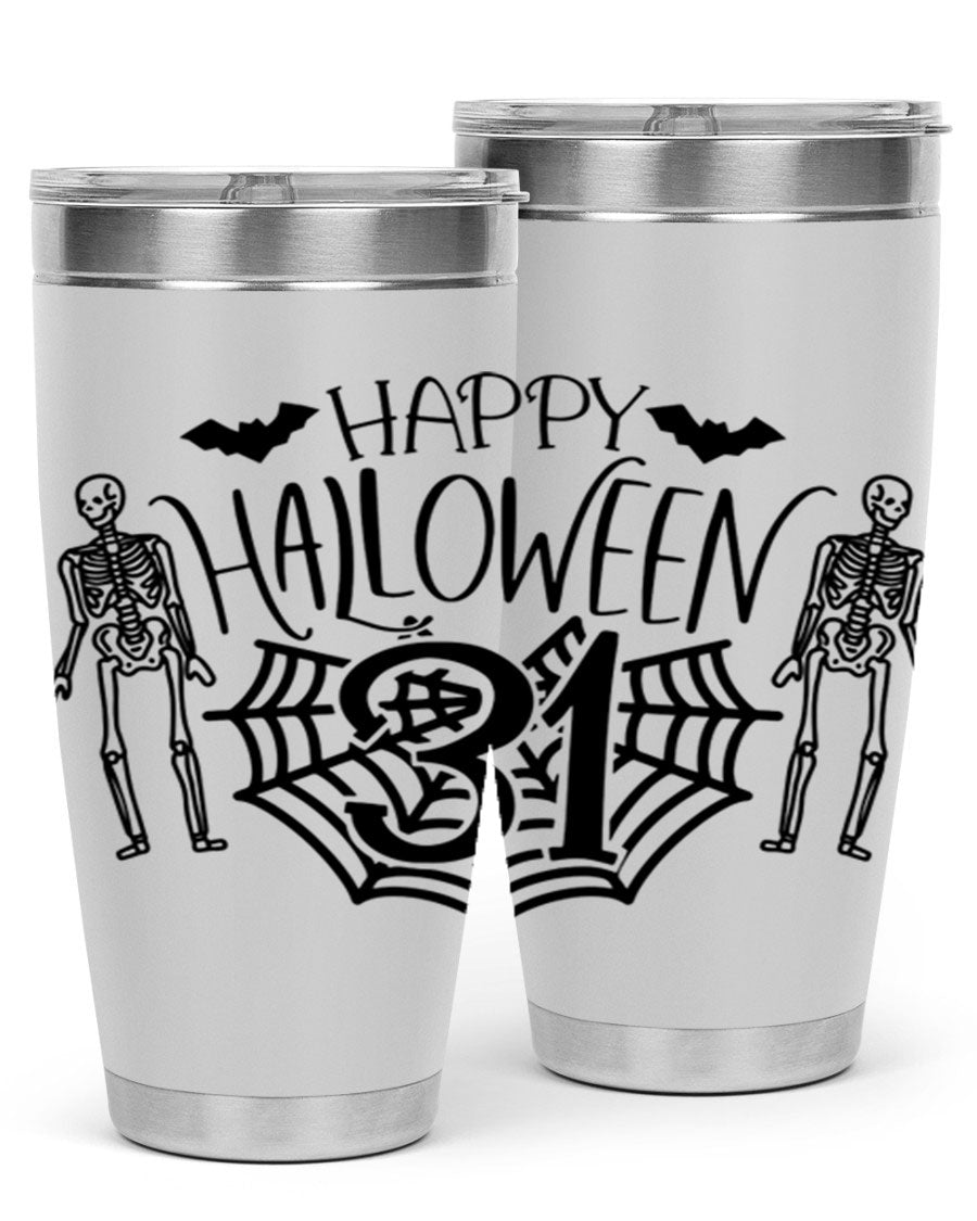 Happy Halloween 65# Tumbler in 20oz and 30oz sizes, featuring a festive design, double wall vacuum stainless steel construction, and a drink-thru lid.