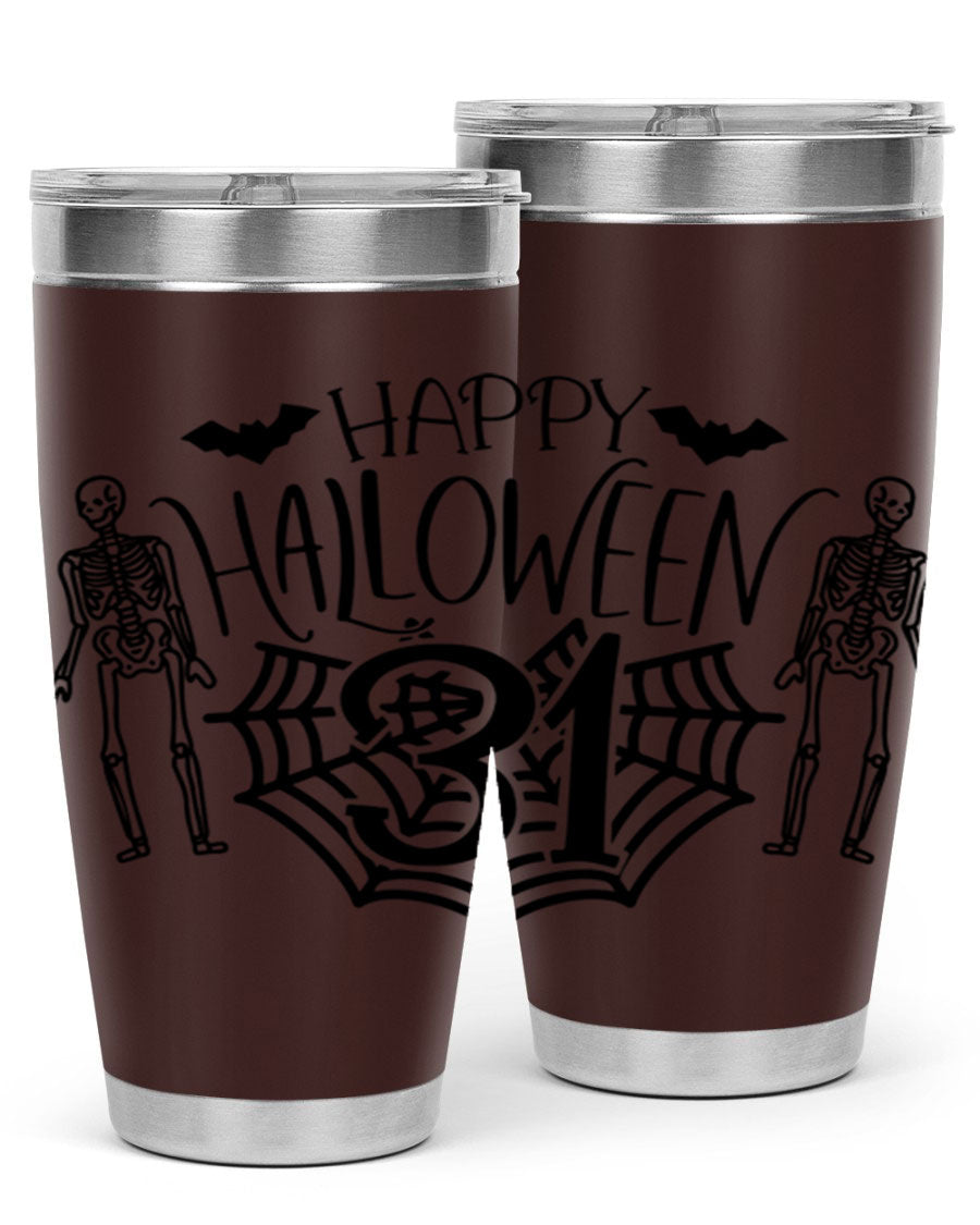 Happy Halloween 65# Tumbler in 20oz and 30oz sizes, featuring a festive design, double wall vacuum stainless steel construction, and a drink-thru lid.
