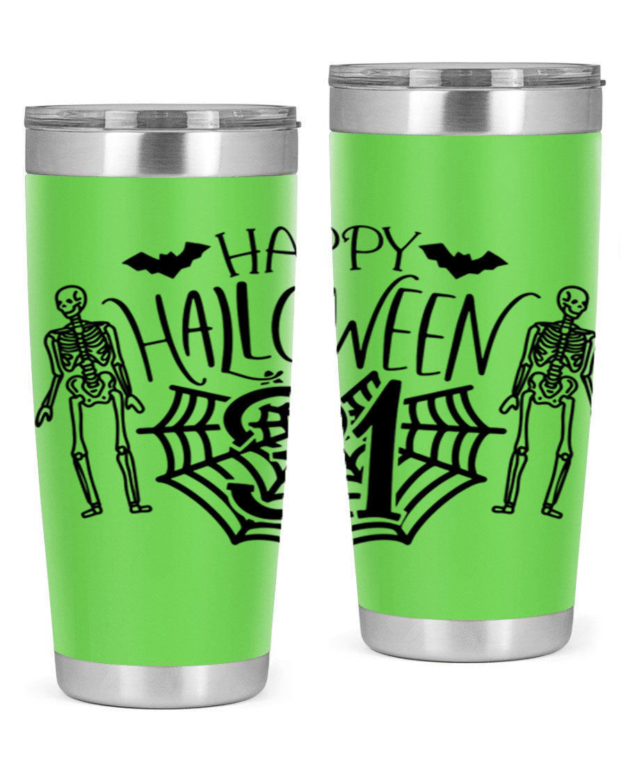 Happy Halloween 65# Tumbler in 20oz and 30oz sizes, featuring a festive design, double wall vacuum stainless steel construction, and a drink-thru lid.