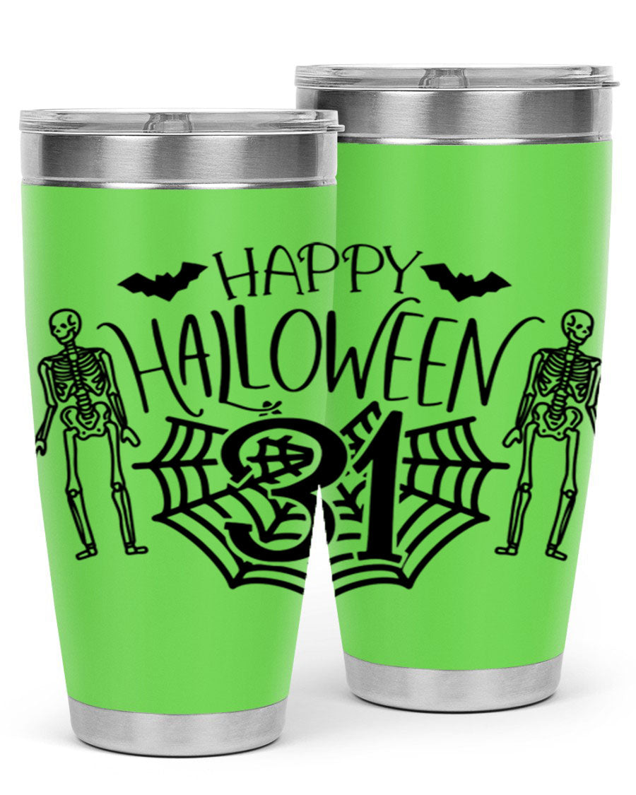 Happy Halloween 65# Tumbler in 20oz and 30oz sizes, featuring a festive design, double wall vacuum stainless steel construction, and a drink-thru lid.