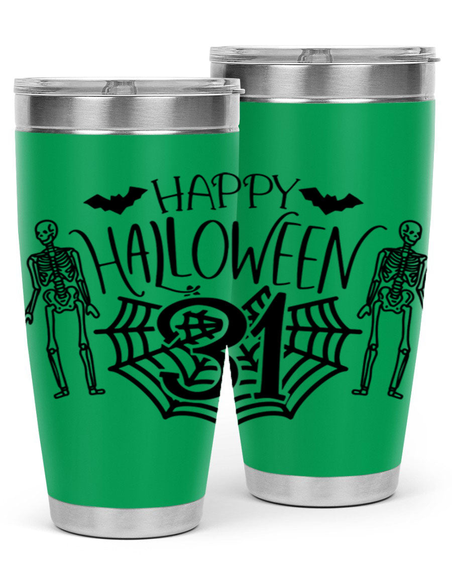Happy Halloween 65# Tumbler in 20oz and 30oz sizes, featuring a festive design, double wall vacuum stainless steel construction, and a drink-thru lid.