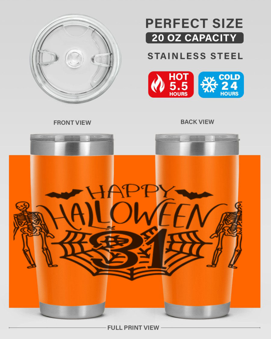 Happy Halloween 65# Tumbler in 20oz and 30oz sizes, featuring a festive design, double wall vacuum stainless steel construction, and a drink-thru lid.