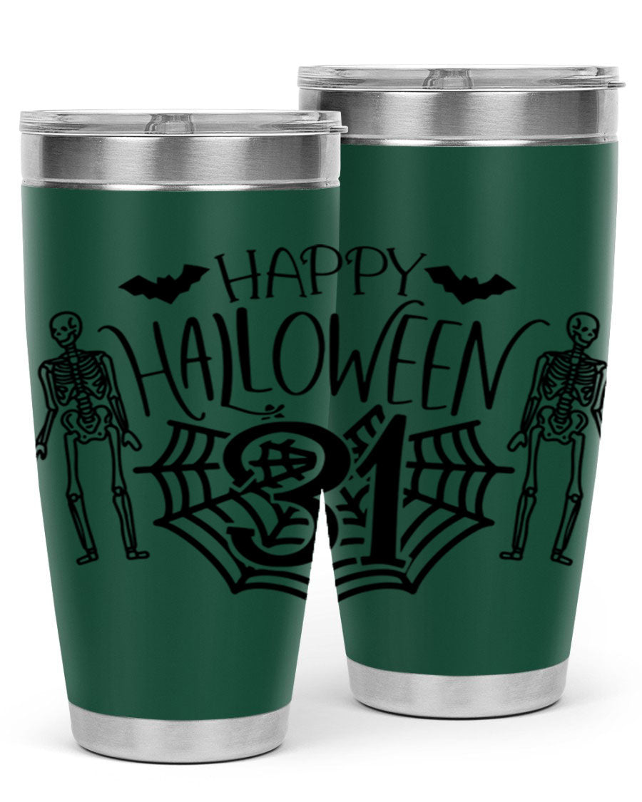 Happy Halloween 65# Tumbler in 20oz and 30oz sizes, featuring a festive design, double wall vacuum stainless steel construction, and a drink-thru lid.