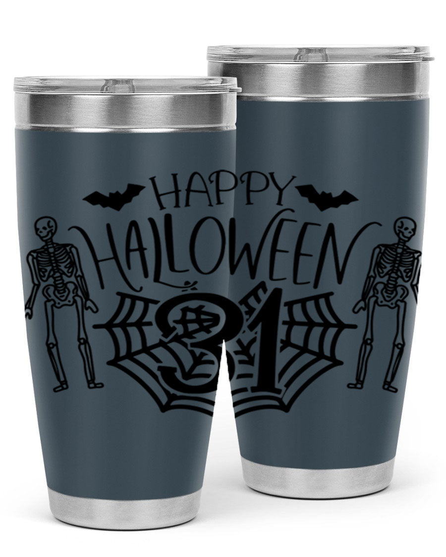 Happy Halloween 65# Tumbler in 20oz and 30oz sizes, featuring a festive design, double wall vacuum stainless steel construction, and a drink-thru lid.