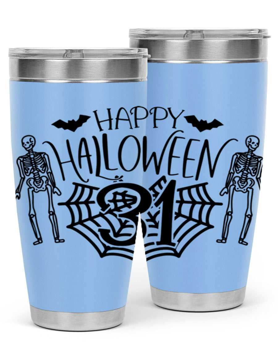 Happy Halloween 65# Tumbler in 20oz and 30oz sizes, featuring a festive design, double wall vacuum stainless steel construction, and a drink-thru lid.