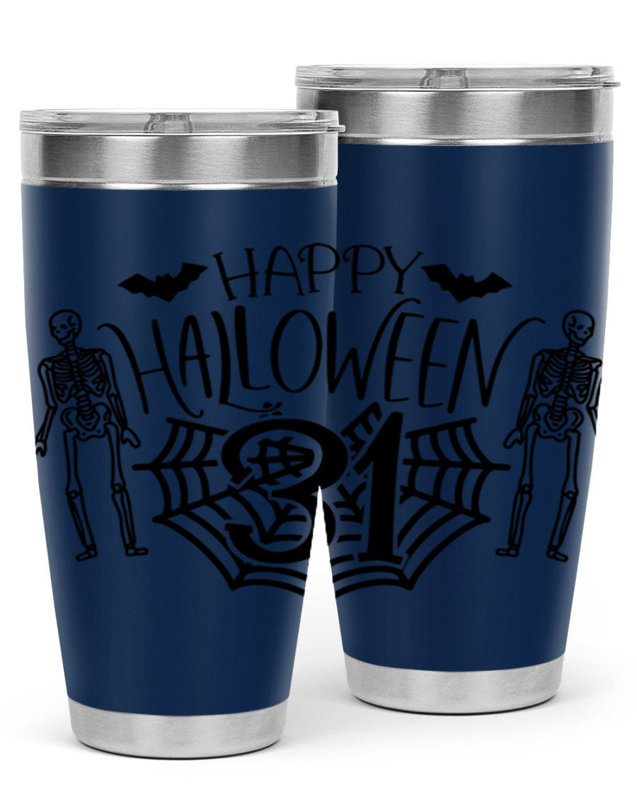 Happy Halloween 65# Tumbler in 20oz and 30oz sizes, featuring a festive design, double wall vacuum stainless steel construction, and a drink-thru lid.
