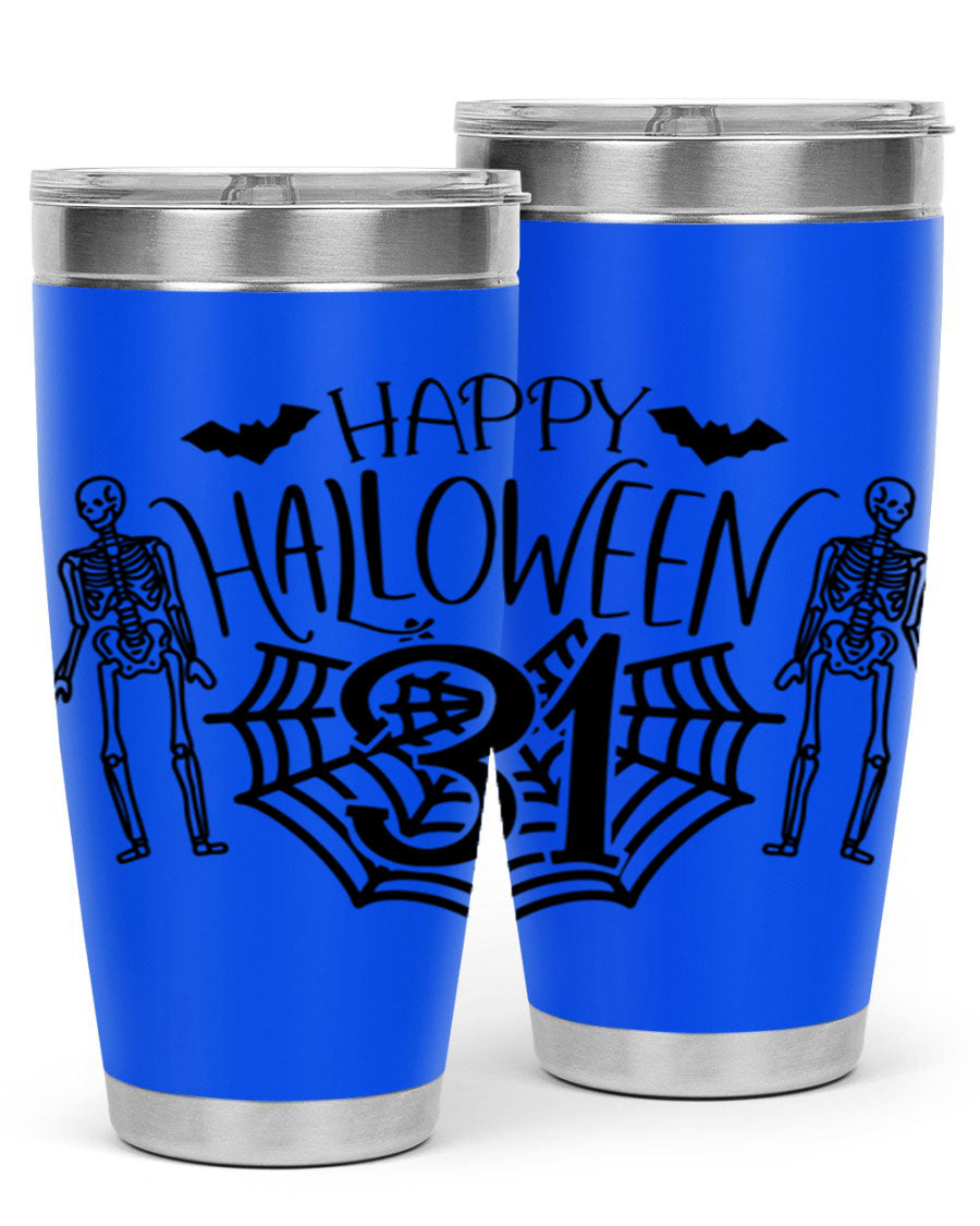 Happy Halloween 65# Tumbler in 20oz and 30oz sizes, featuring a festive design, double wall vacuum stainless steel construction, and a drink-thru lid.