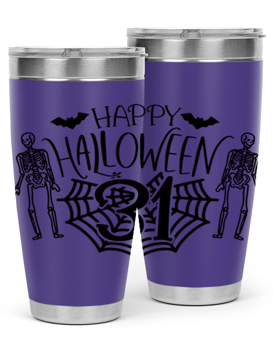 Happy Halloween 65# Tumbler in 20oz and 30oz sizes, featuring a festive design, double wall vacuum stainless steel construction, and a drink-thru lid.
