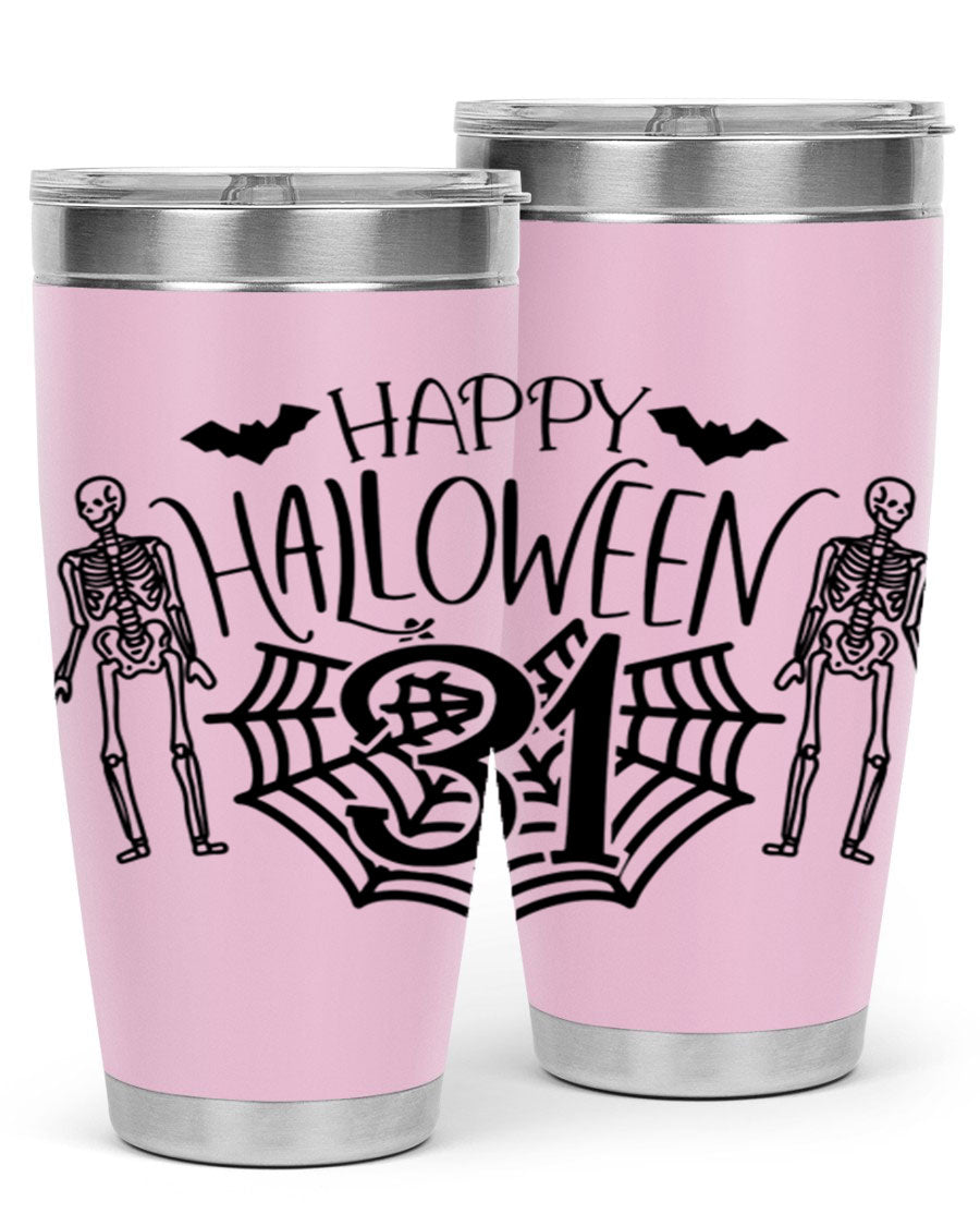 Happy Halloween 65# Tumbler in 20oz and 30oz sizes, featuring a festive design, double wall vacuum stainless steel construction, and a drink-thru lid.