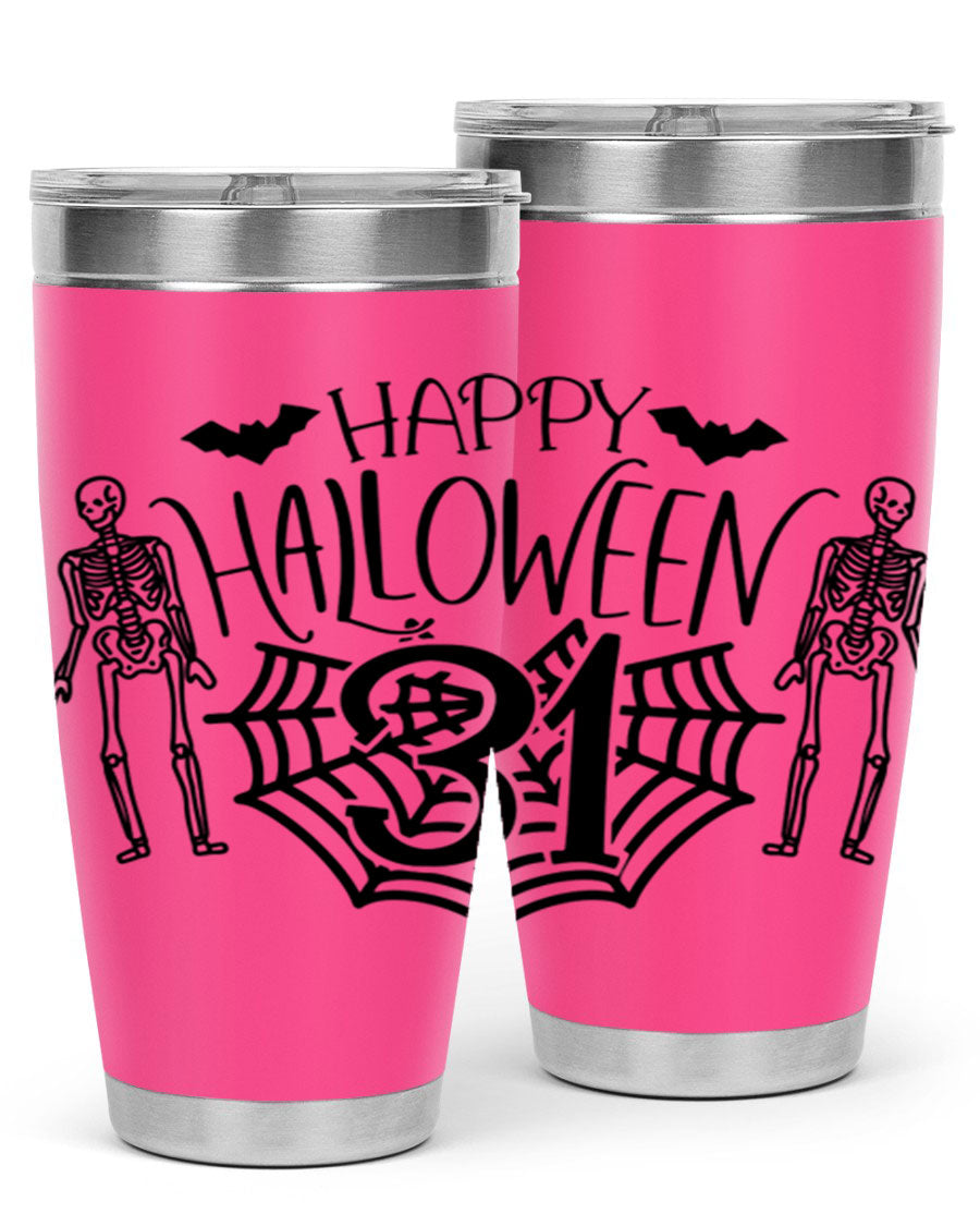 Happy Halloween 65# Tumbler in 20oz and 30oz sizes, featuring a festive design, double wall vacuum stainless steel construction, and a drink-thru lid.
