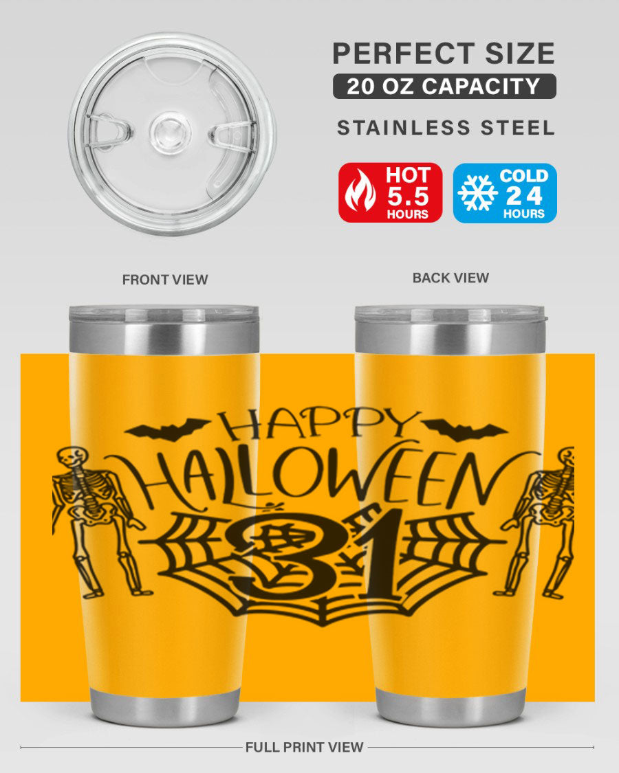 Happy Halloween 65# Tumbler in 20oz and 30oz sizes, featuring a festive design, double wall vacuum stainless steel construction, and a drink-thru lid.