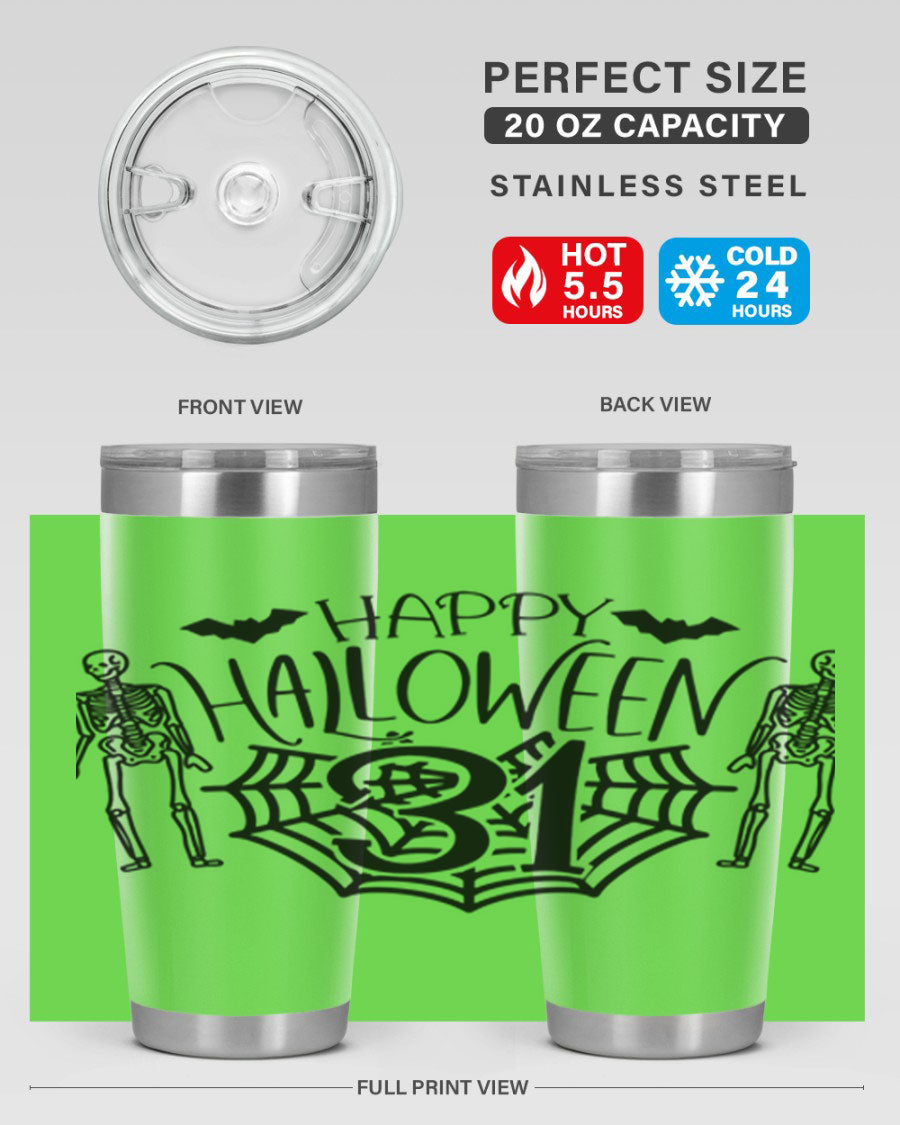 Happy Halloween 65# Tumbler in 20oz and 30oz sizes, featuring a festive design, double wall vacuum stainless steel construction, and a drink-thru lid.
