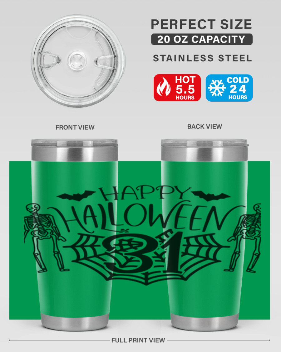 Happy Halloween 65# Tumbler in 20oz and 30oz sizes, featuring a festive design, double wall vacuum stainless steel construction, and a drink-thru lid.