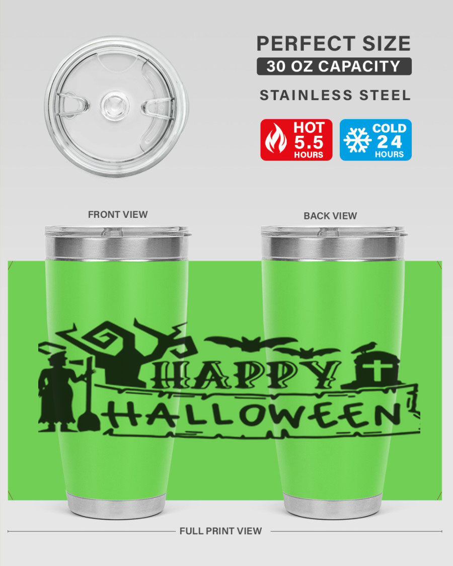 Happy Halloween 69# Tumbler featuring a spooky design, available in 20oz and 30oz sizes, made from stainless steel with a drink-thru lid.