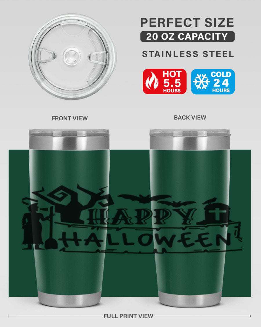 Happy Halloween 69# Tumbler featuring a spooky design, available in 20oz and 30oz sizes, made from stainless steel with a drink-thru lid.