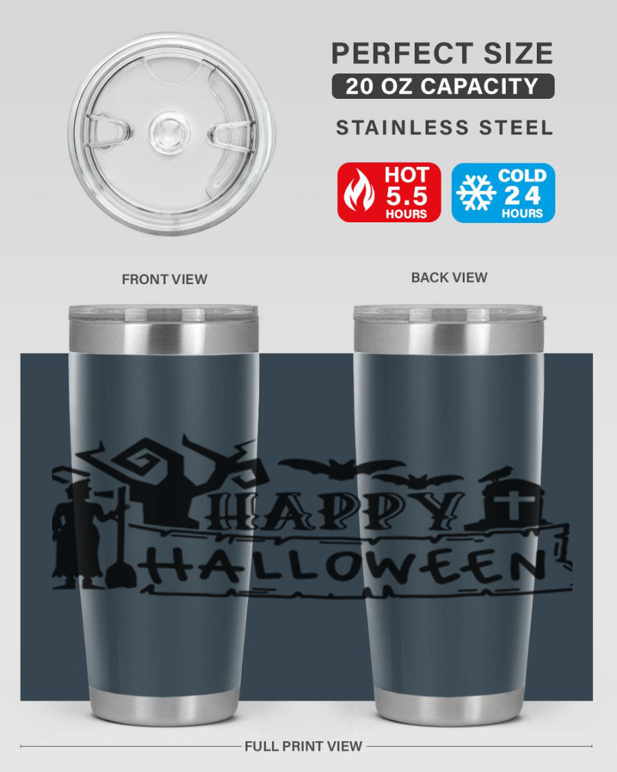 Happy Halloween 69# Tumbler featuring a spooky design, available in 20oz and 30oz sizes, made from stainless steel with a drink-thru lid.