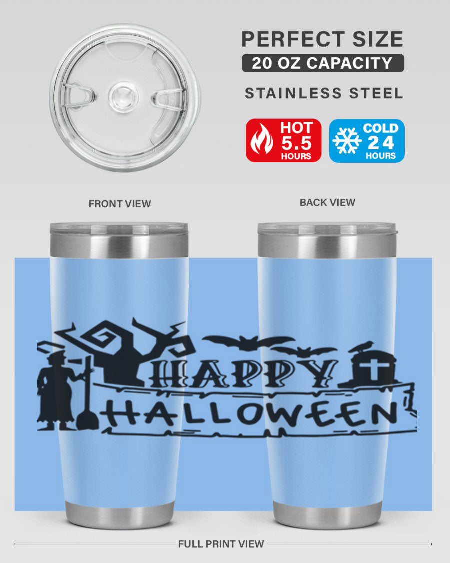 Happy Halloween 69# Tumbler featuring a spooky design, available in 20oz and 30oz sizes, made from stainless steel with a drink-thru lid.