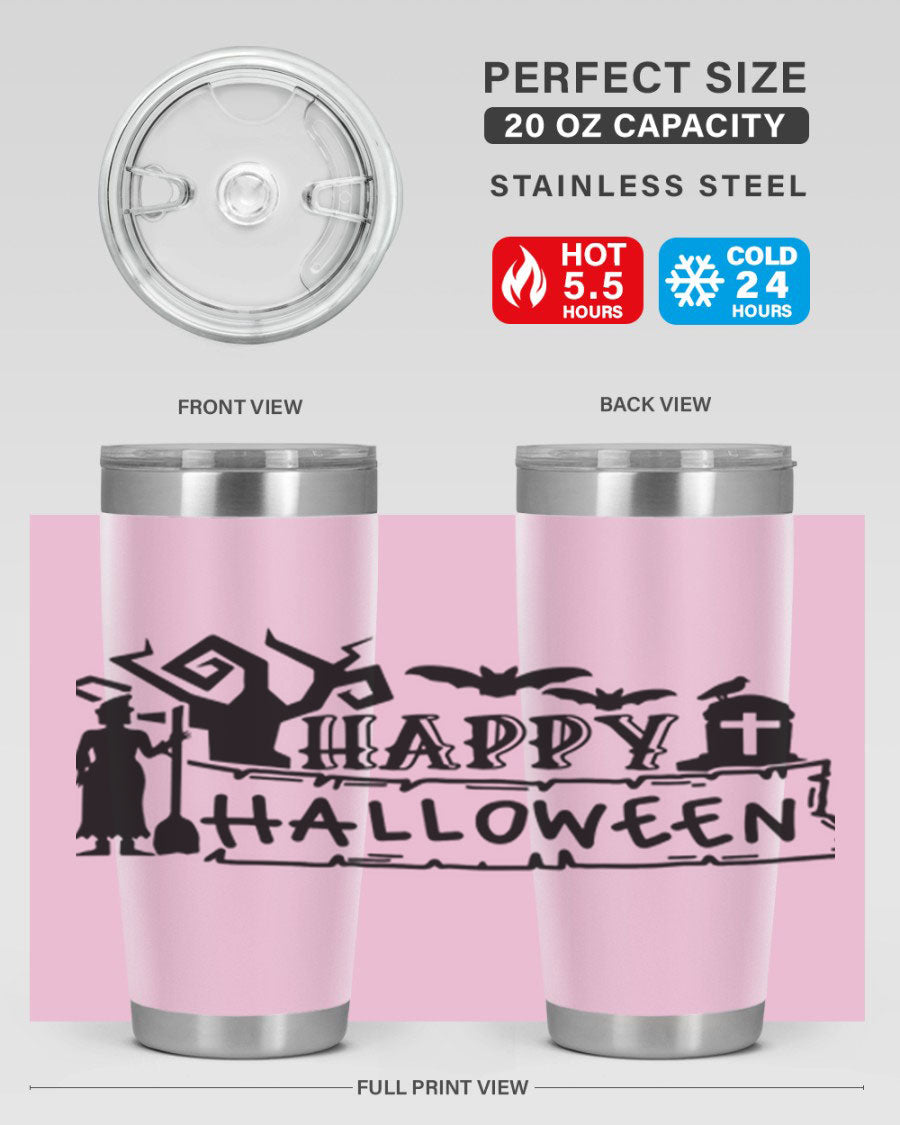 Happy Halloween 69# Tumbler featuring a spooky design, available in 20oz and 30oz sizes, made from stainless steel with a drink-thru lid.