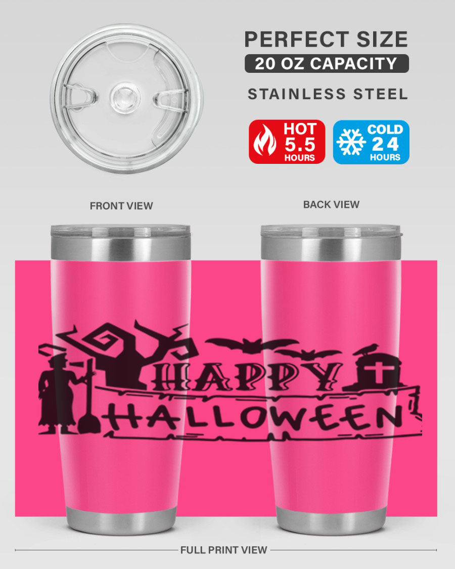 Happy Halloween 69# Tumbler featuring a spooky design, available in 20oz and 30oz sizes, made from stainless steel with a drink-thru lid.