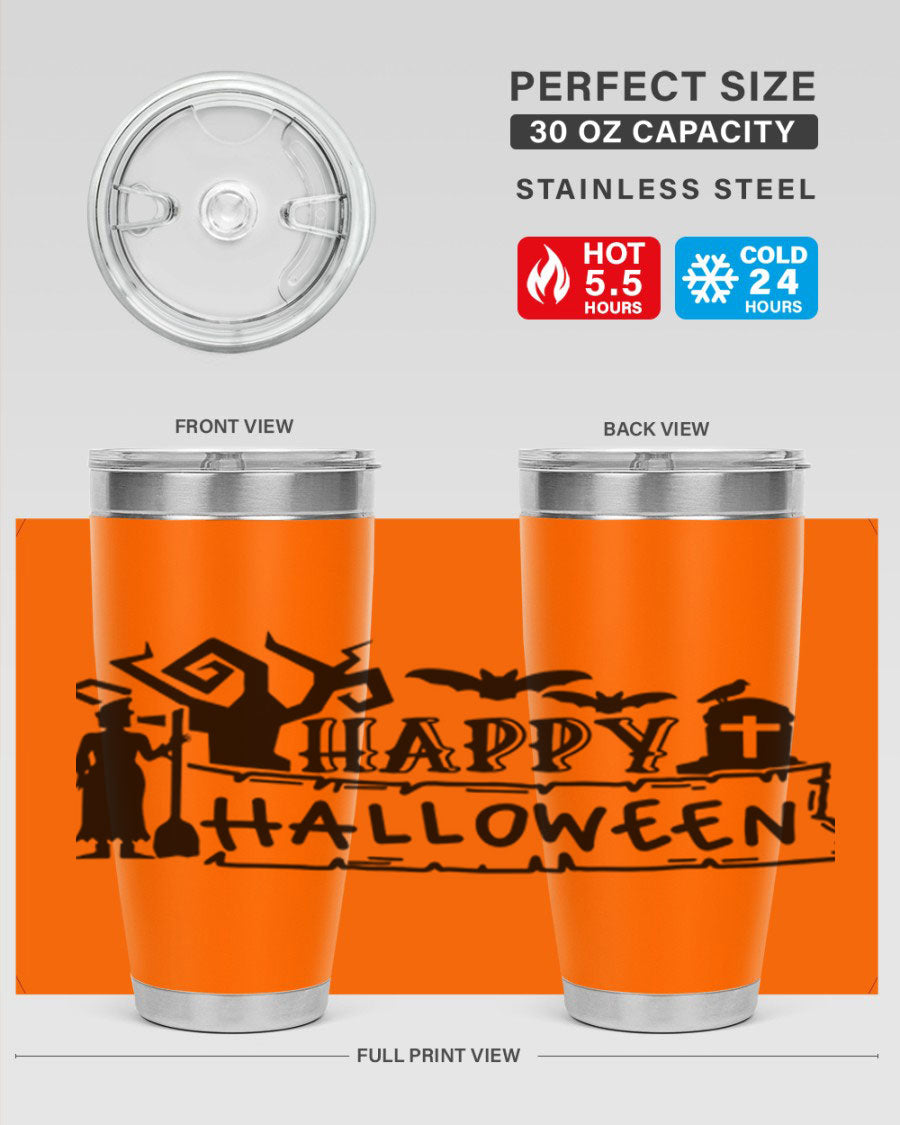 Happy Halloween 69# Tumbler featuring a spooky design, available in 20oz and 30oz sizes, made from stainless steel with a drink-thru lid.