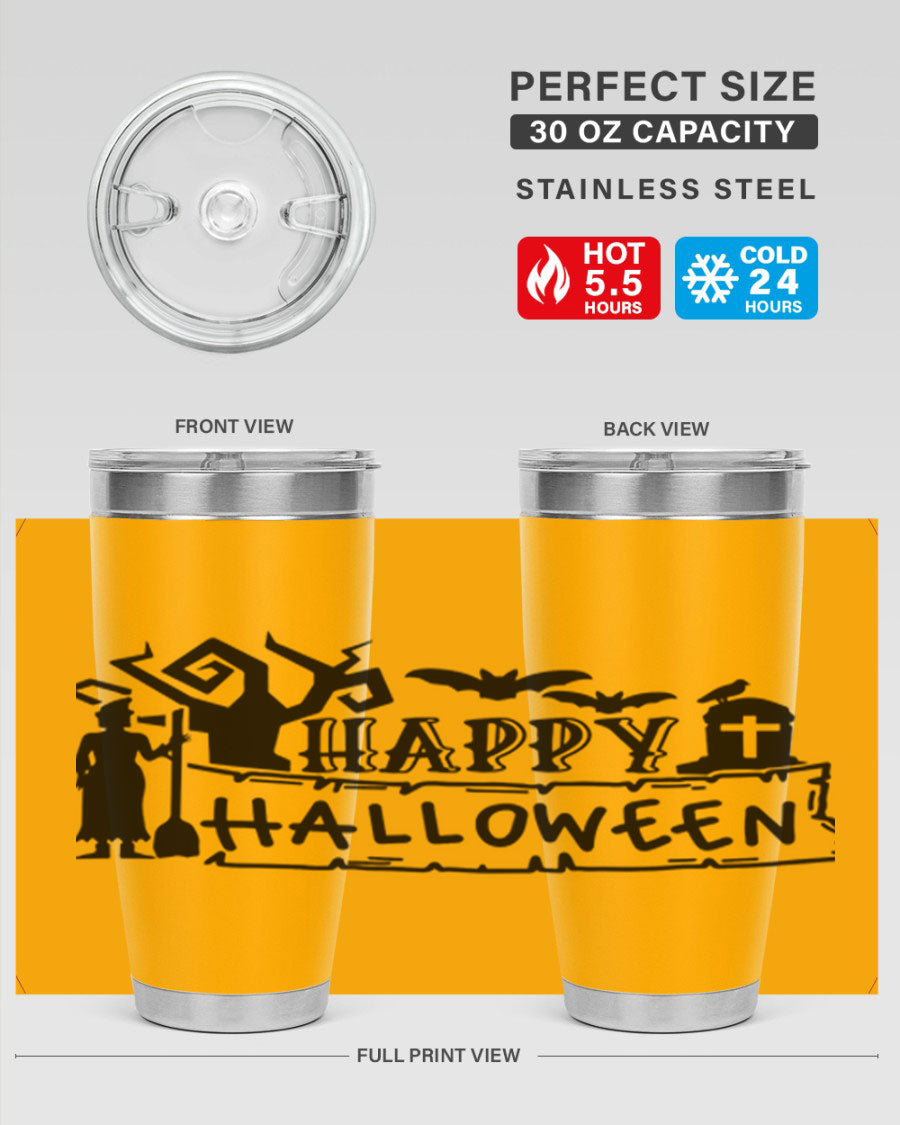 Happy Halloween 69# Tumbler featuring a spooky design, available in 20oz and 30oz sizes, made from stainless steel with a drink-thru lid.