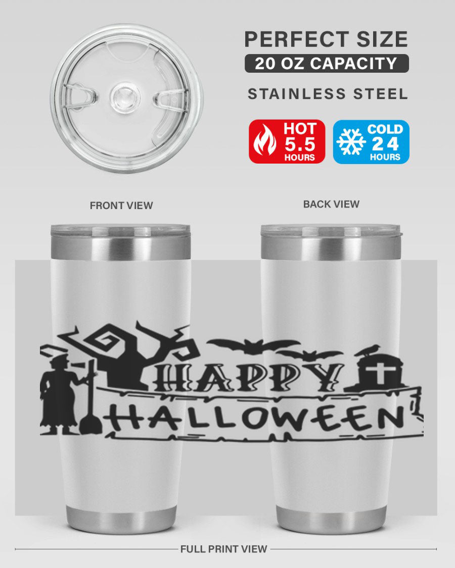 Happy Halloween 69# Tumbler featuring a spooky design, available in 20oz and 30oz sizes, made from stainless steel with a drink-thru lid.