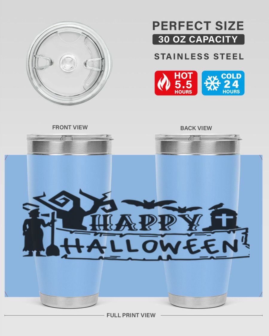 Happy Halloween 69# Tumbler featuring a spooky design, available in 20oz and 30oz sizes, made from stainless steel with a drink-thru lid.