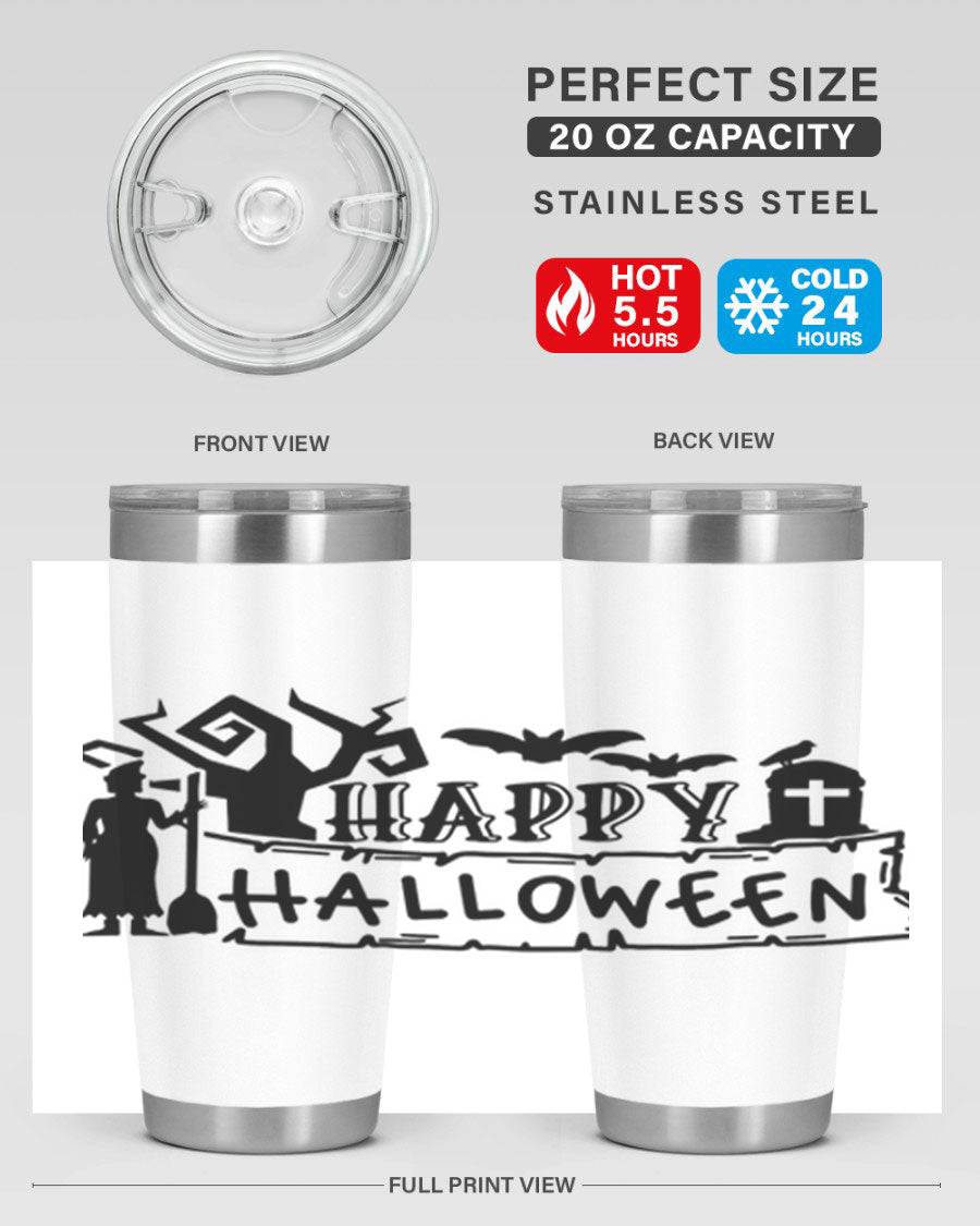 Happy Halloween 69# Tumbler featuring a spooky design, available in 20oz and 30oz sizes, made from stainless steel with a drink-thru lid.