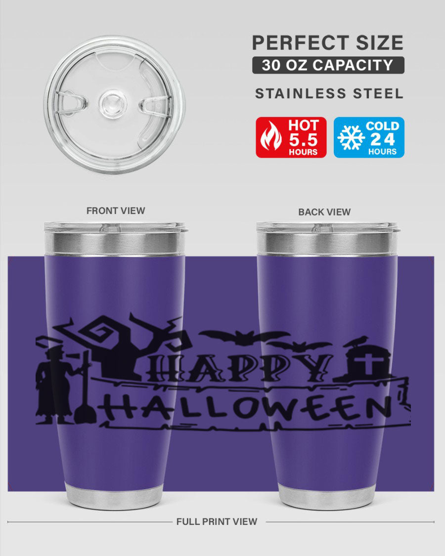 Happy Halloween 69# Tumbler featuring a spooky design, available in 20oz and 30oz sizes, made from stainless steel with a drink-thru lid.