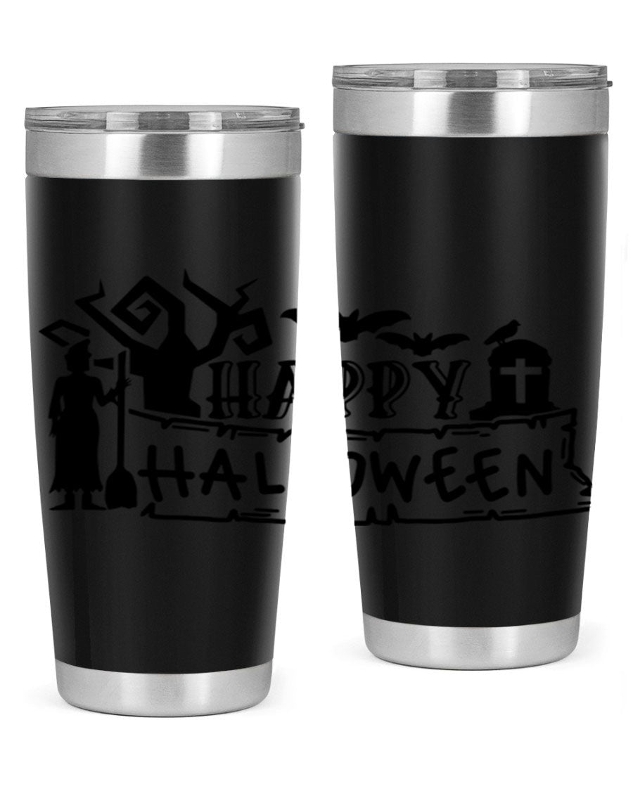 Happy Halloween 69# Tumbler featuring a spooky design, available in 20oz and 30oz sizes, made from stainless steel with a drink-thru lid.