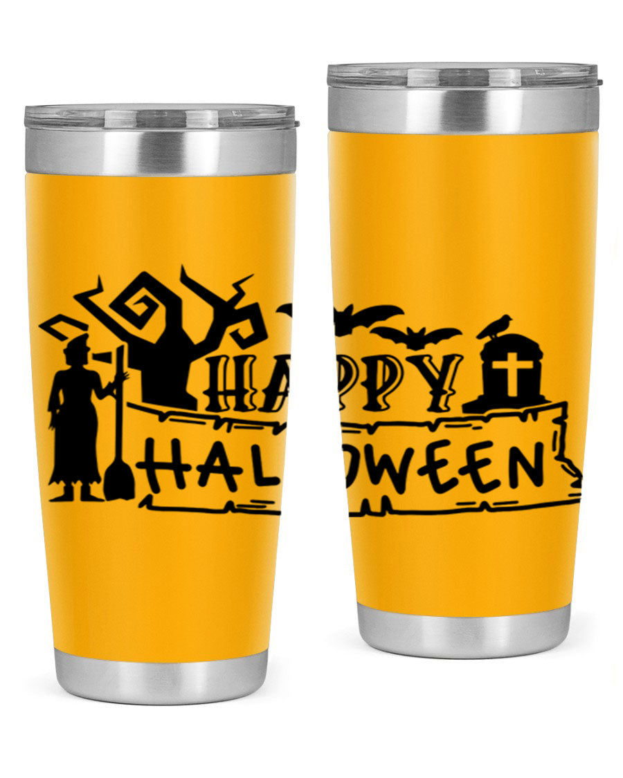 Happy Halloween 69# Tumbler featuring a spooky design, available in 20oz and 30oz sizes, made from stainless steel with a drink-thru lid.