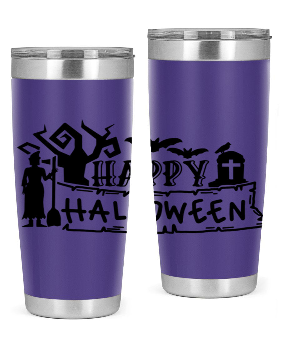 Happy Halloween 69# Tumbler featuring a spooky design, available in 20oz and 30oz sizes, made from stainless steel with a drink-thru lid.