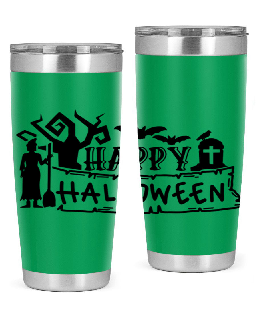 Happy Halloween 69# Tumbler featuring a spooky design, available in 20oz and 30oz sizes, made from stainless steel with a drink-thru lid.