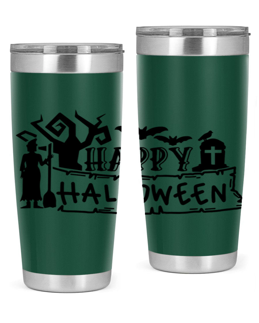 Happy Halloween 69# Tumbler featuring a spooky design, available in 20oz and 30oz sizes, made from stainless steel with a drink-thru lid.