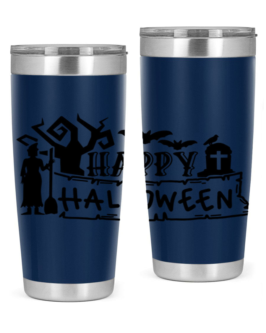 Happy Halloween 69# Tumbler featuring a spooky design, available in 20oz and 30oz sizes, made from stainless steel with a drink-thru lid.