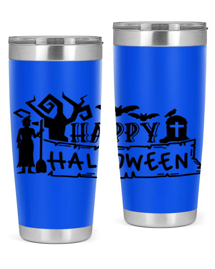 Happy Halloween 69# Tumbler featuring a spooky design, available in 20oz and 30oz sizes, made from stainless steel with a drink-thru lid.