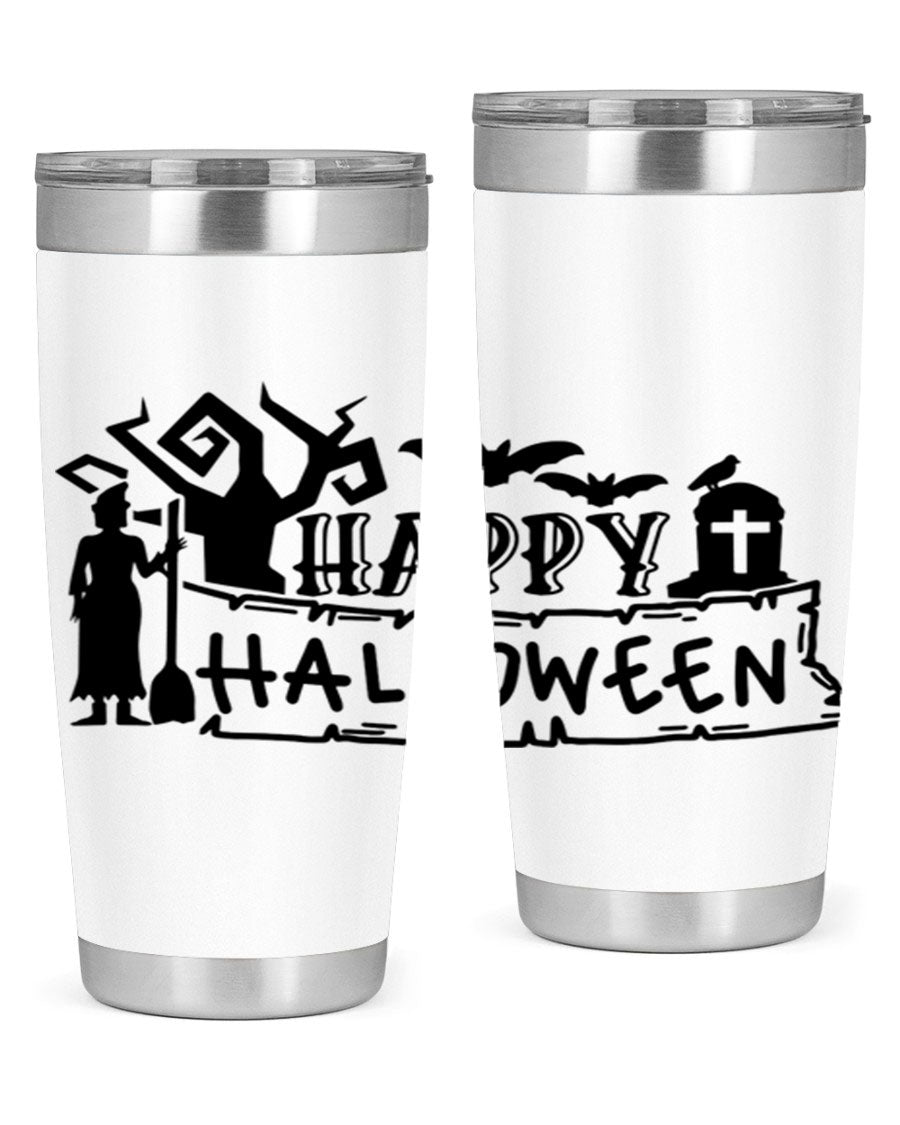 Happy Halloween 69# Tumbler featuring a spooky design, available in 20oz and 30oz sizes, made from stainless steel with a drink-thru lid.